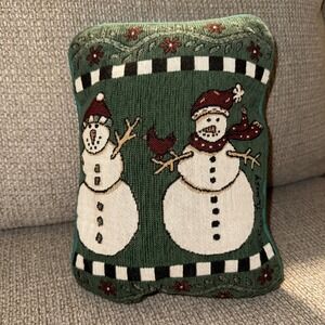 Decorative Small Snowman Accent Pillow Tapestry Holiday Design W Velvet Back